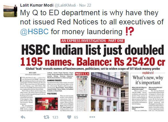 Lalit Modi's tweet about HSBC