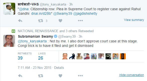Dr. Swamy denies filing a case in Supreme Court, calls it Cong tactics to get it dismissed and claim there is no merit in the case
