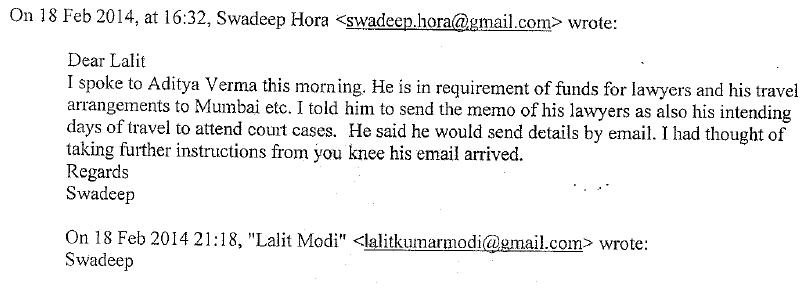 Email from Swadeep Hora to Lalit Modi