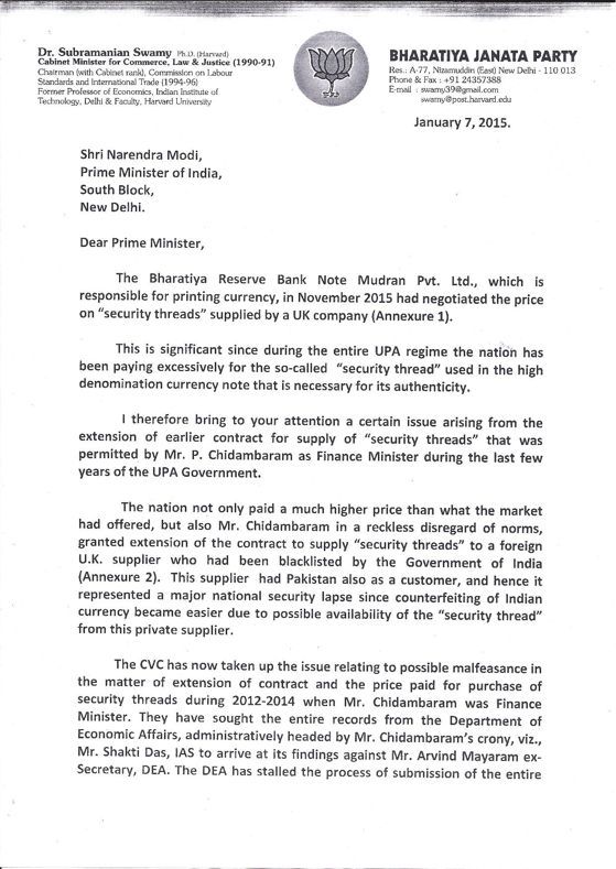 Swamy Letter to the PM regarding currenct paper Page 1