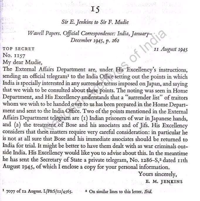Aug 11 letter about treatmet of Bose as a war ciminal