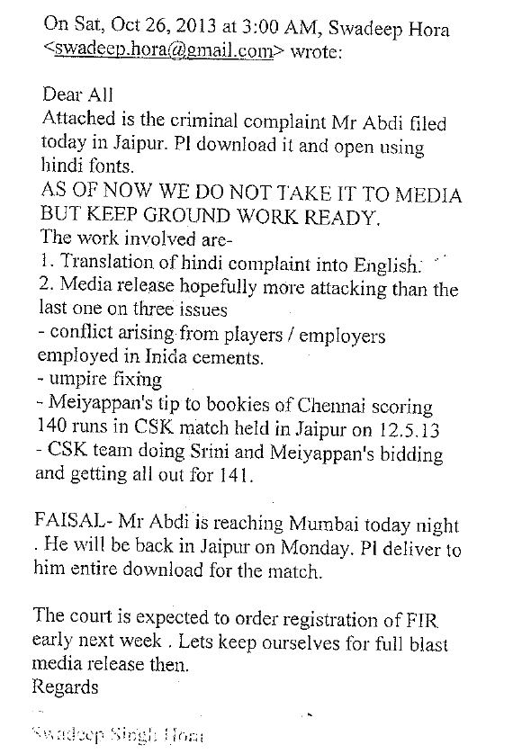 Swadeep Hora's email predicting the outcome of the court in Jaipur