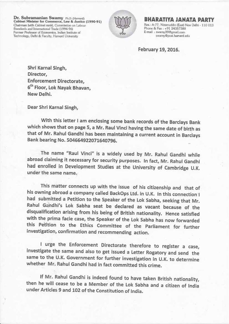 Page 1 of Subramanian Swamy letter to Director of ED about Rahul Gandhi's British Bank account