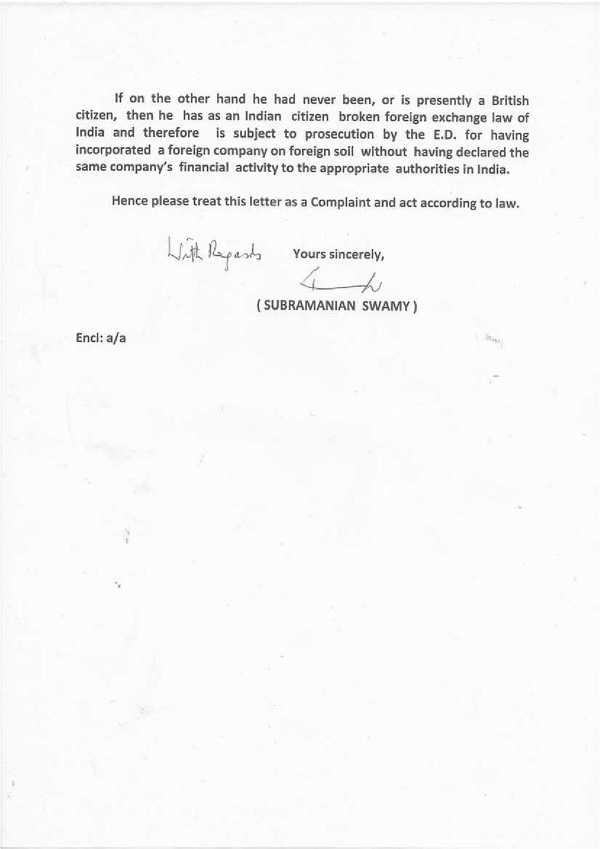 Page 2 of Subramanian Swamy letter to Director of ED about Rahul Gandhi's British Bank account