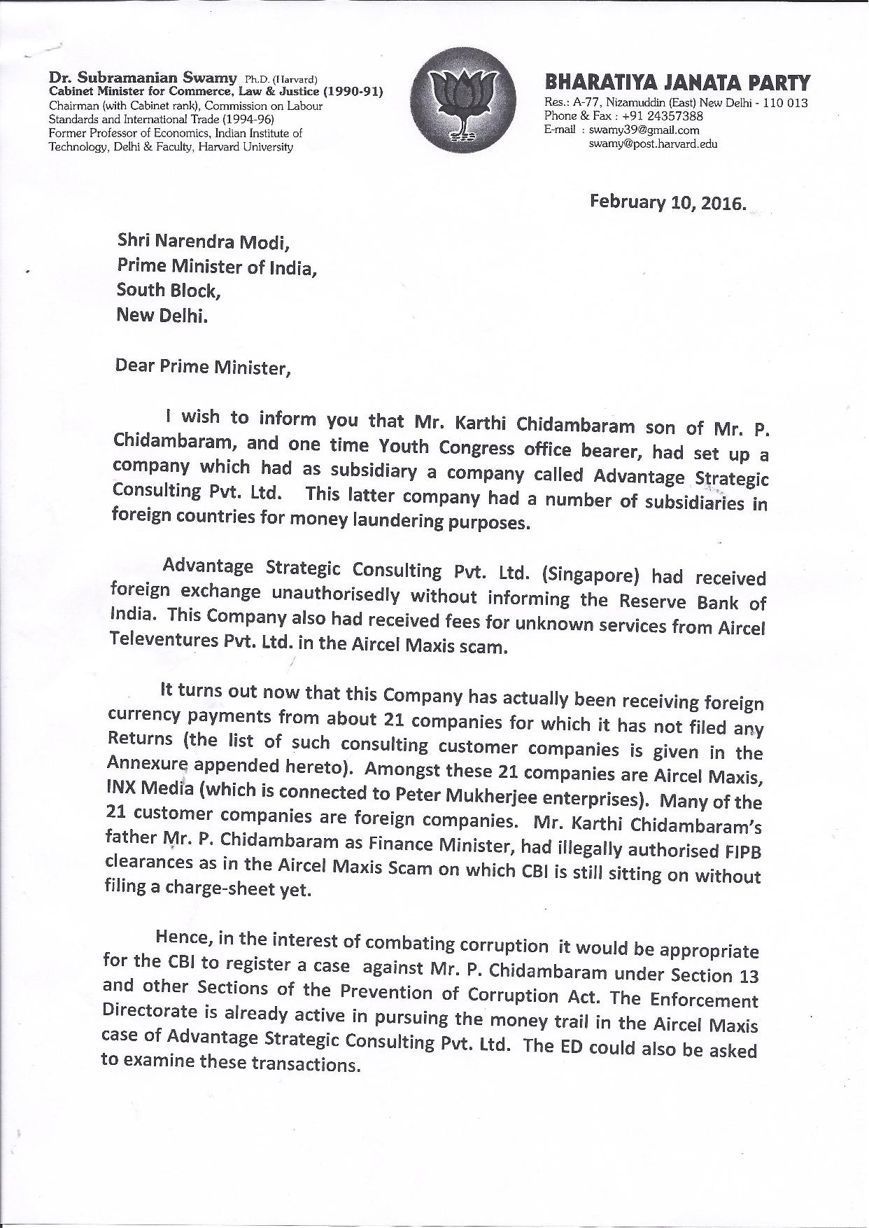 Page 1 of Swamy's letter to the PM on Karti Chidambaram's companies