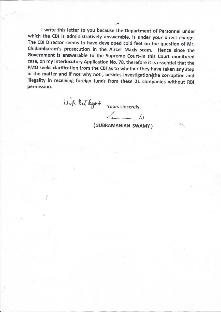 Page 2 of Swamy's letter to the PM on Karti Chidambaram's companies
