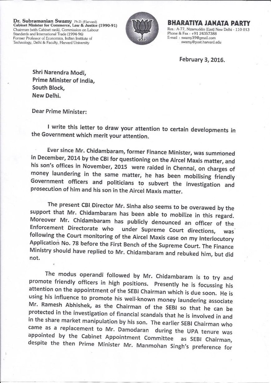 Page 1 of Swamy's letter to the PM