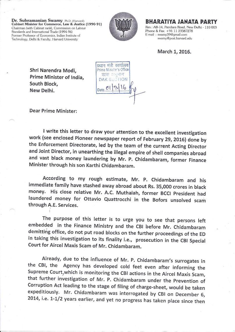 Page 1 of Swamy's letter to the PM on P Chidambaram Black Money