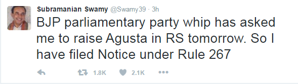 Swamy to file Notice under Rule 267 for raising Agusta