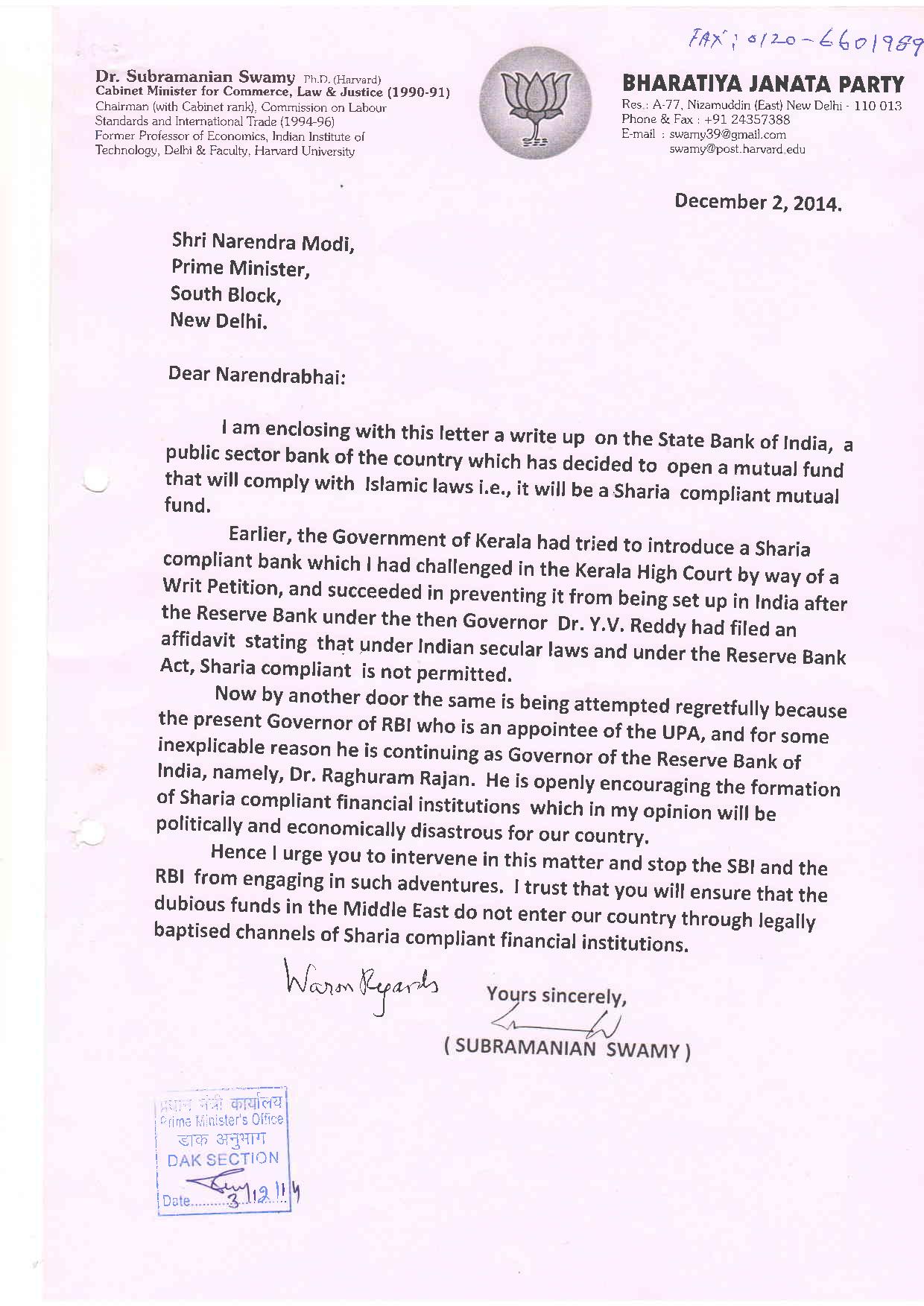 Page 1 of Swamy letter to the PM