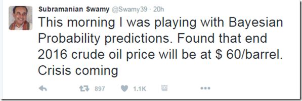 Swamy tweet on Crude price by end of 2016