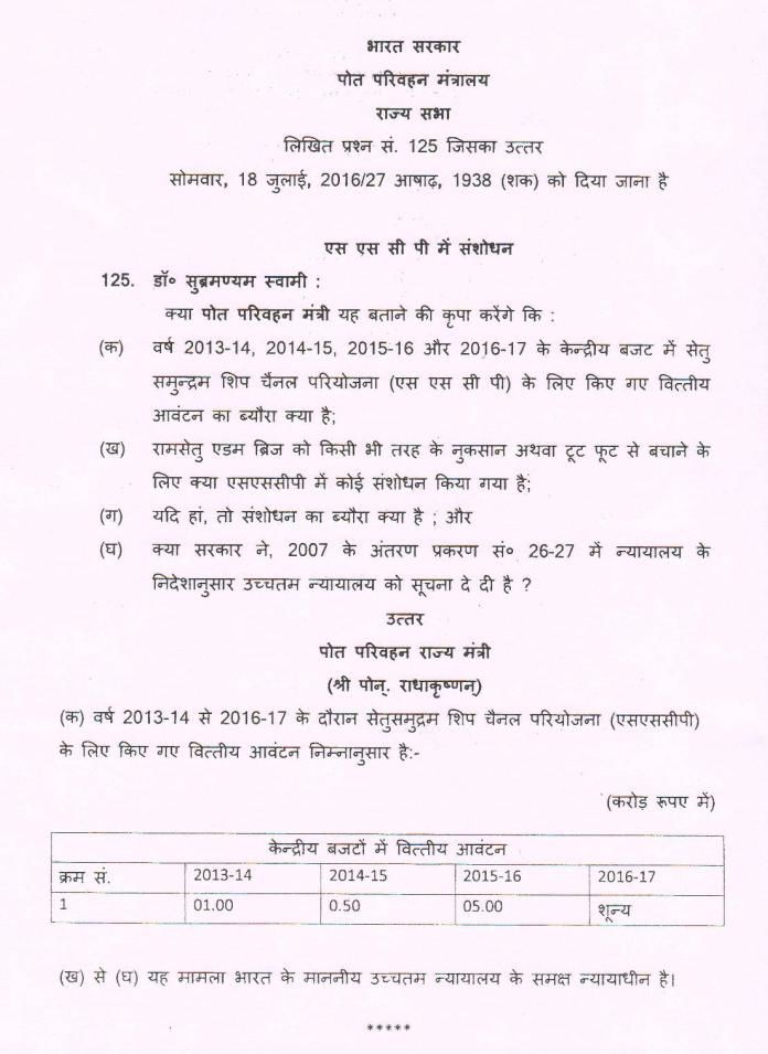 Reply to a question by Dr. Swamy on Ram Setu Hindi