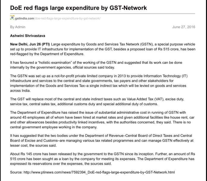 Dept of Expenditure Red flags GSTN expenses