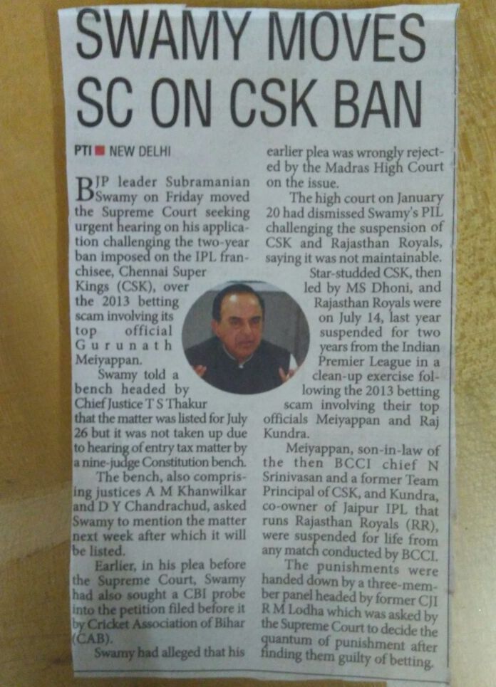 Swamy challenges ban on CSK in the Supreme Court