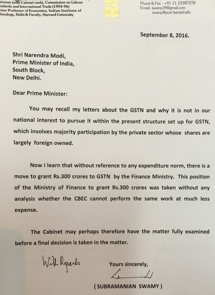 Letter from Dr. Swamy to the PM
