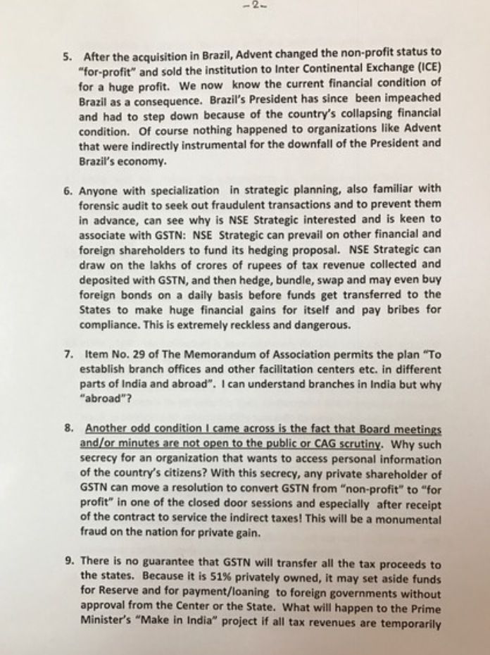 Page 2 of SS Letter to PM on GSTN