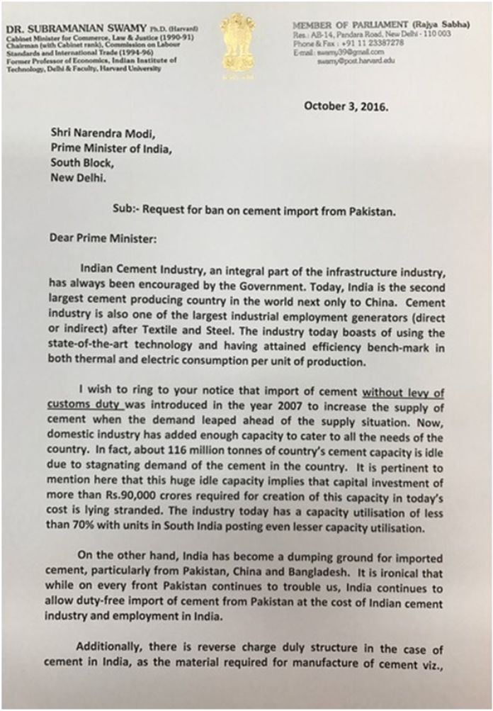 Swamy letter to PM urging ban of Cement imports from Pak Page 1