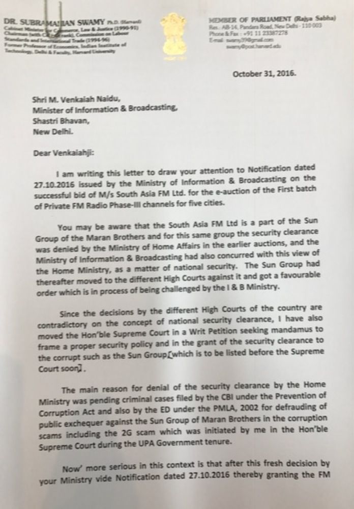Dr. Swamy letter to Venkaiah Naidu