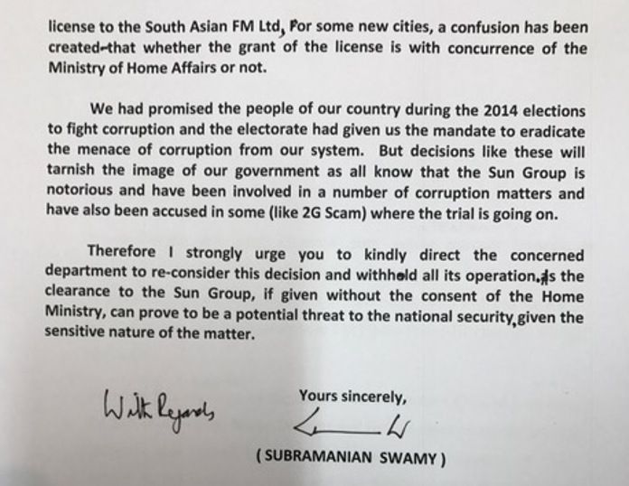 Dr. Swamy letter to Venkaiah Naidu