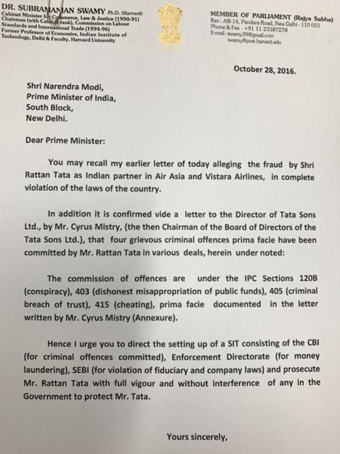 Page 1 of follow up letter to PM