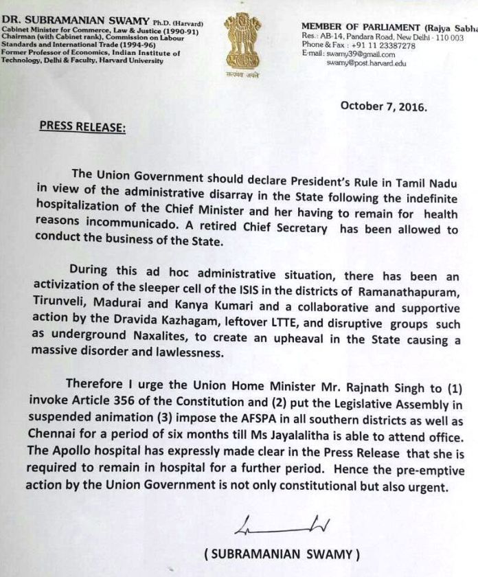 Swamy writes to Rajnath Singh, asks Center to impose President's Rule