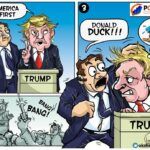 Cartoon depicting what happens when there is a disturbance around Trump