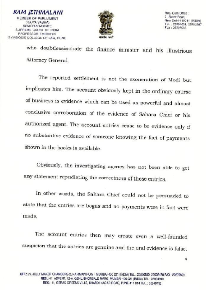Page 4 of Ram Jethmalani's letter to Modi