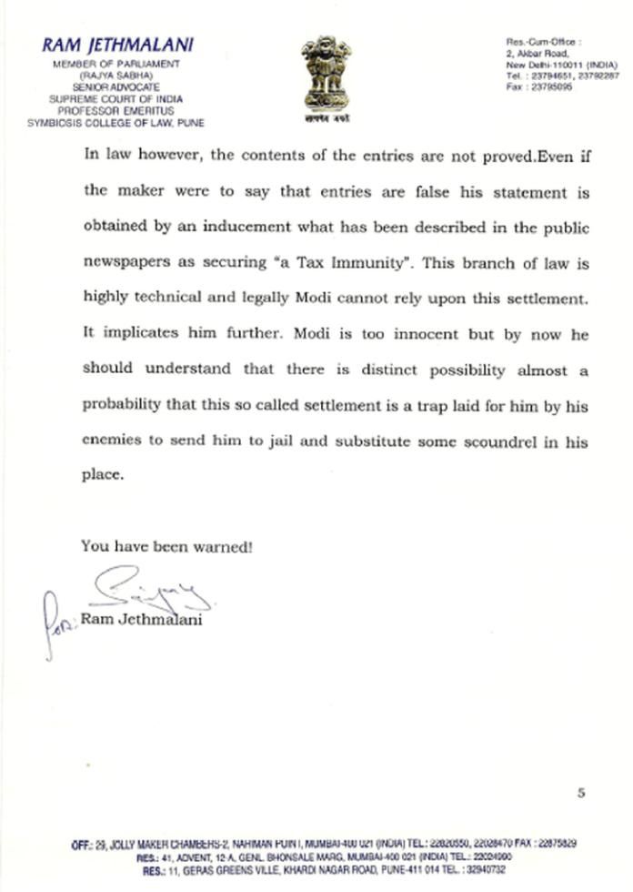 Page 5 of Ram Jethmalani's letter to Modi