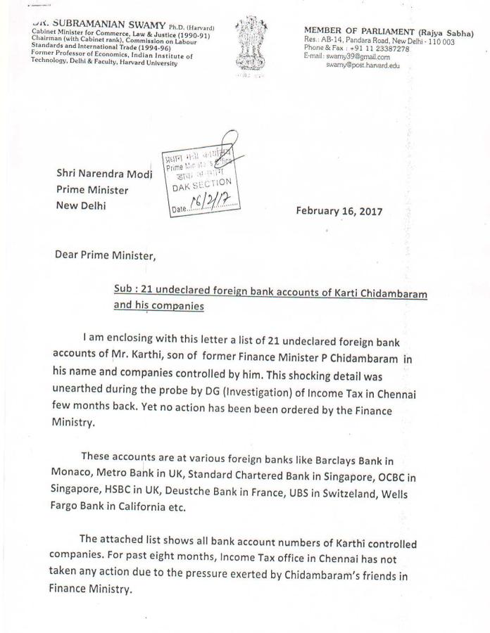 Copy of Swamy's letter to the Prime Minister on KC's Foreign Bank accts Pg 1
