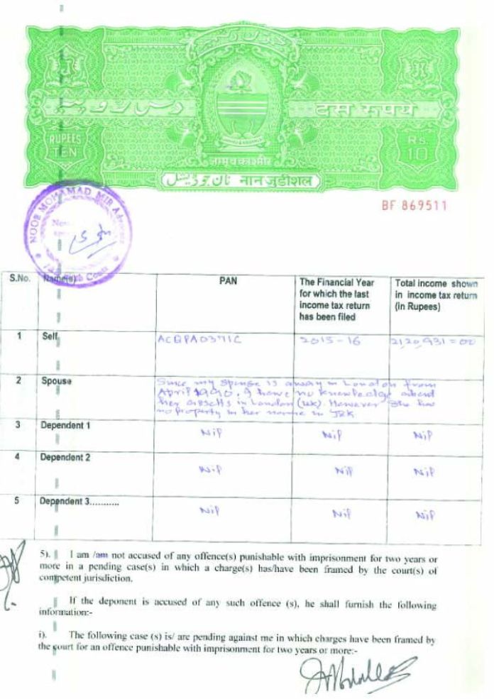 Copies of affidavits filed by Dr. Farooq Abdullah over the years
