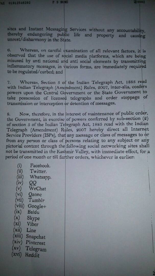 Page 2 of the Govt. order on shutting down Social Media sites