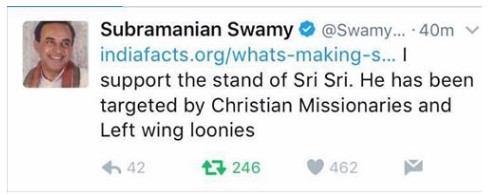 Swamy's tweet about Sri Sri
