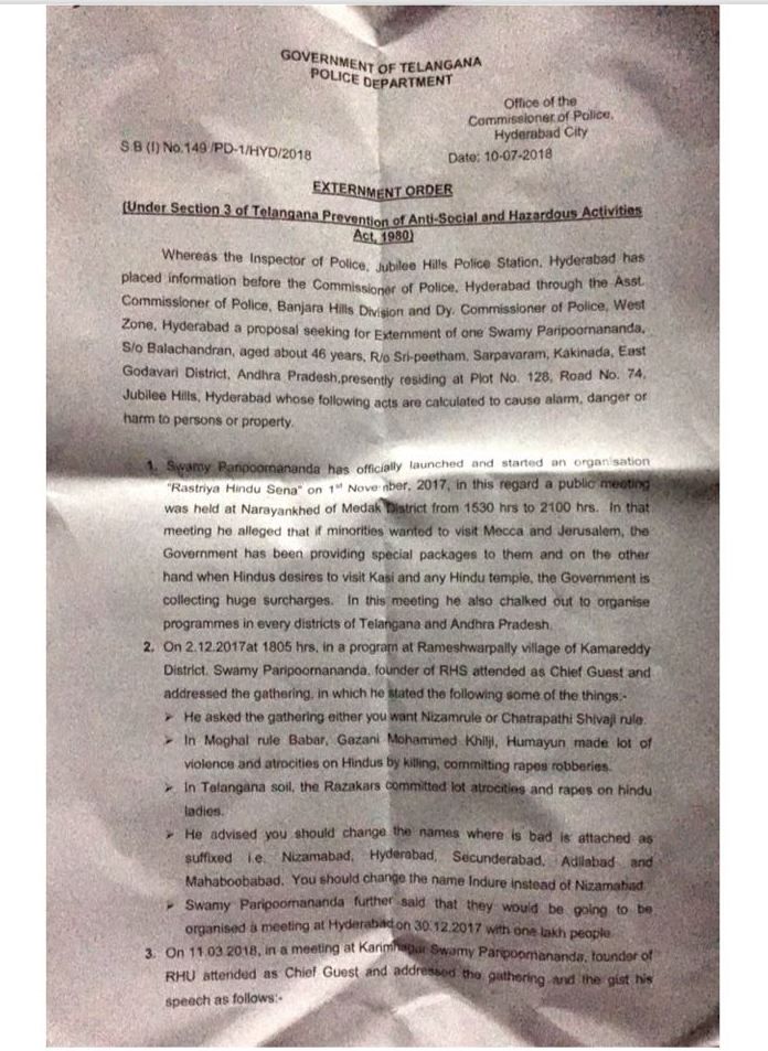 Page 1 of Externment order on Swamy Paripoorananda