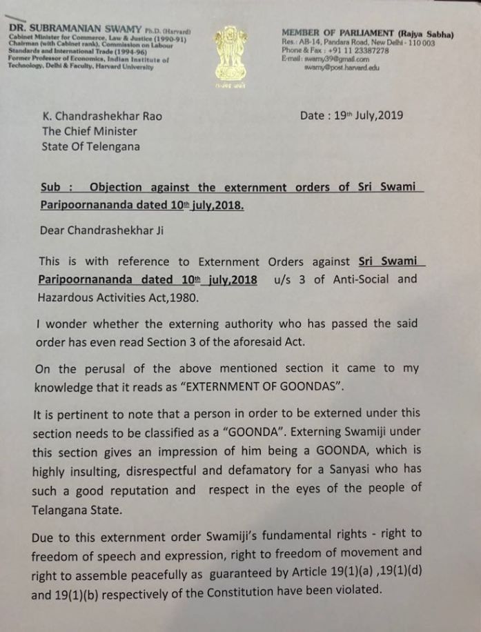 Page 1 of Dr. Swamy's letter to KCR