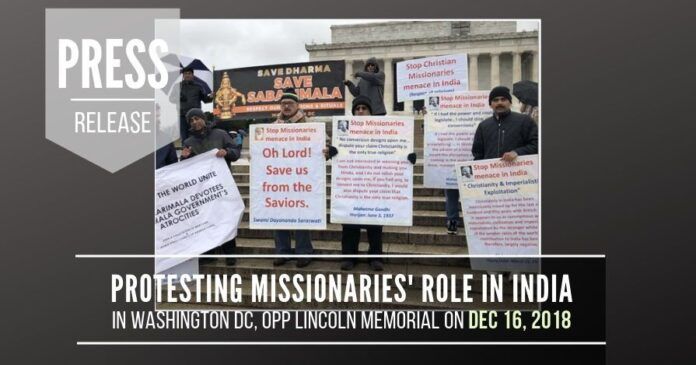 Press Release for DC rally held on Dec 16th at Lincoln Memorial highlighting Christian missionary menace in India with views of Mahatma Gandhi and the connection of missionary activity to assault on Sabarimala. 