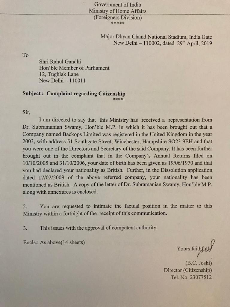 MHA notice to Rahul Gandhi