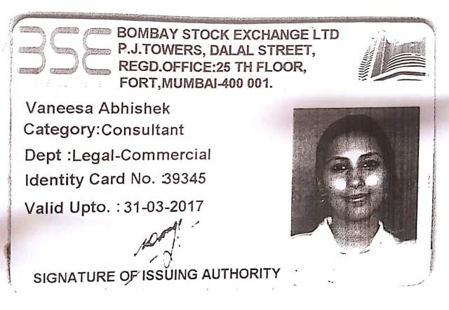 Figure 1. Vaneesa Abhishek ID card at BSE