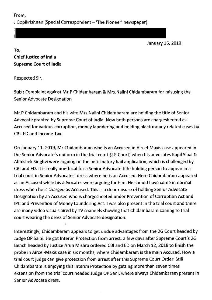 Complaint to CJI on PC Senior Advocate Designation dtd Jan 16, 2019-page-001