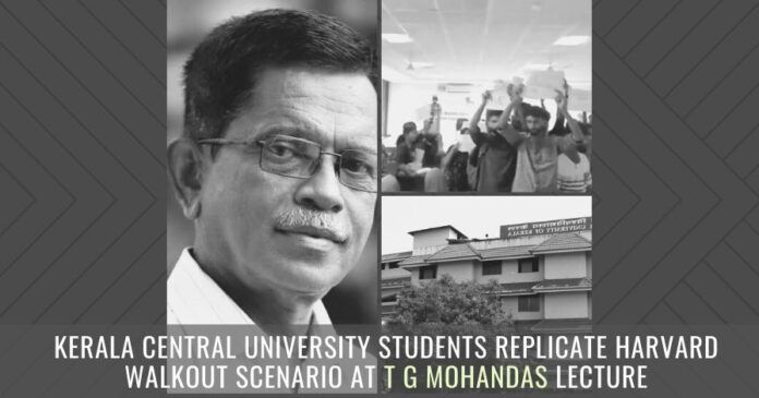 Kerala Central University students replicate Harvard walkout scenario at TG Mohandas lecture