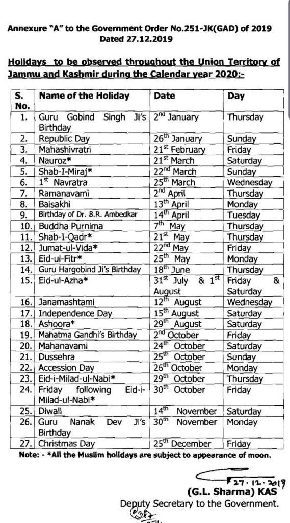 Holidays to be observed throughout the Union Territory of Jammu and Kashmir during the calendar year 2020