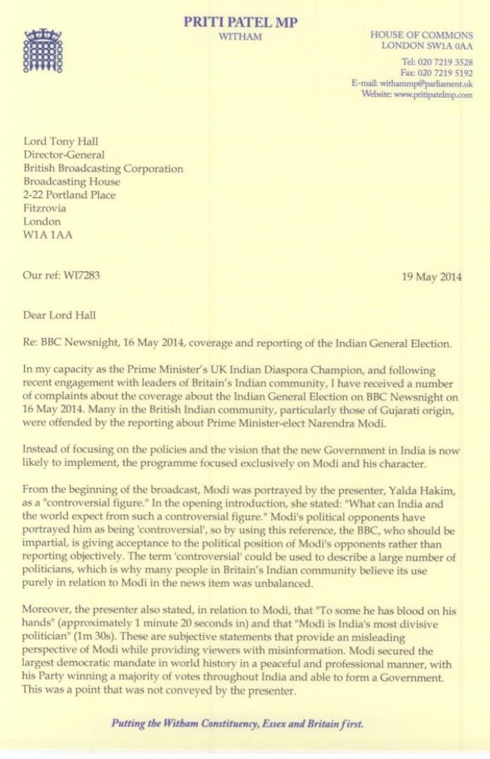 Priti Patel's letter to the BBC Page 1