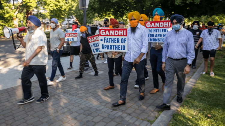 Figure 2. Bhajan Singh Bhinder and OFMI leading protest against Gandhi statue at Central Park in Davis
