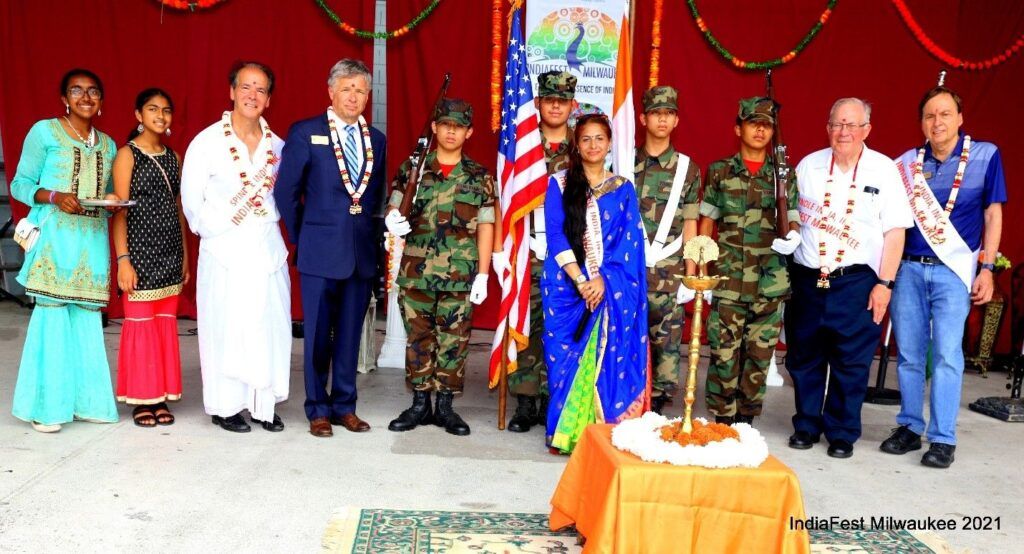 Left to right - Megha/Neha Patil – Youth Volunteers, Joseph Scala, Paul Truess – Regional Director Office of US Senator Ron Johnson, America’s Young Marines Color Guard, Purnima Nath – Founder, Chairwoman & President Spindle India, Inc., Steve Ponto – Mayor Brookfield, Bob Spindell – Chair, RPW Congressional District 4.