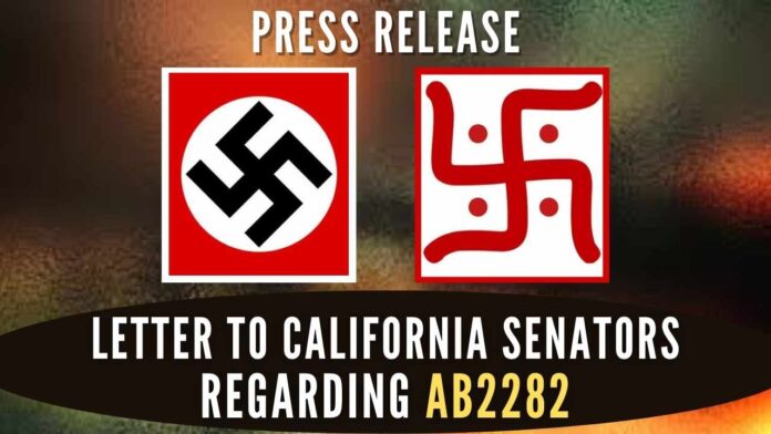 Urging California Senate to clearly distinguish between the Nazi symbol of hate and the sacred Swastika