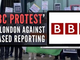 The protest took place in front of the BBC headquarters in London against Hinduphobia and anti–India