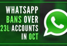 WhatsApp on Wednesday said it banned over 23 lakh bad accounts in India in the month of October in compliance with the new IT Rules 2021