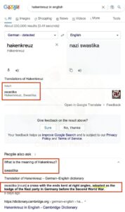 Google translation equates HakenKreuz to Swastika