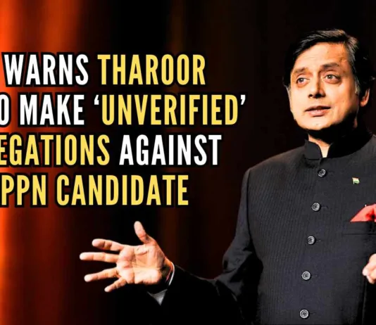 Congress MP Shashi Tharoor in an interview made false and frivolous statements to defame opponent candidate Rajeev Chandrasekhar