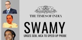 Subramanian Swamy urges Ministry of Corporate Affairs & SEBI to speed up the probe against Times of India’s Jain brothers Swamy urges SEBI, MCA to act quickly against the Times of India group on its tax violations